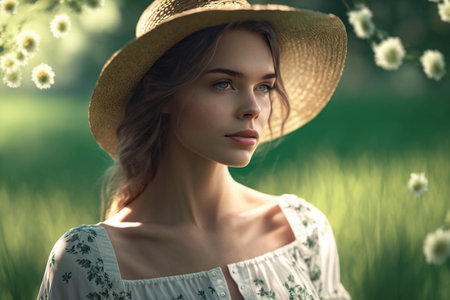 Beautiful young woman in a straw hat on a green meadowの素材