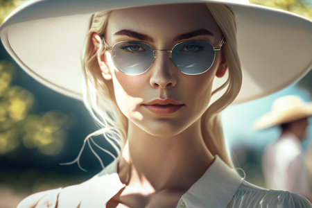 Portrait of a beautiful blonde girl in sunglasses and a hat.の素材