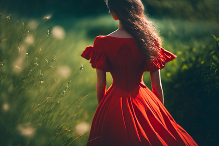 Girl in a red dress in the field at sunset. Back view.の素材