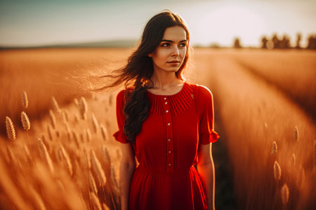 Portrait of a beautiful brunette girl in a red dress on a wheat field.の素材