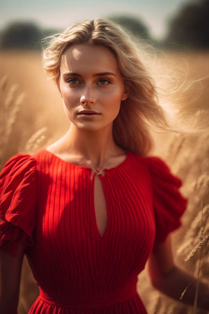 Beautiful young blonde woman in a red dress in a wheat fieldの素材
