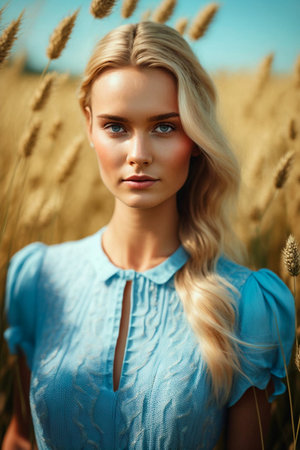 Portrait of a beautiful young woman in the wheat field. Beauty, fashion.の素材