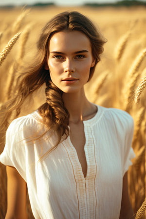 Portrait of a beautiful young woman in a wheat field. beauty, fashion.の素材