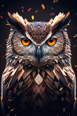 Beautiful owl with orange eyes on a black background. in low poly style.の素材