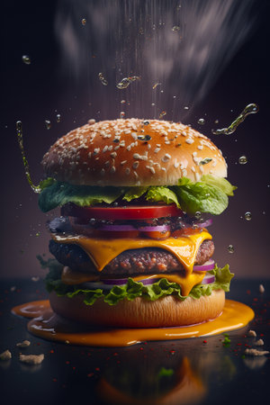 Hamburger with flying ingredients and splashes of water on black backgroundの素材