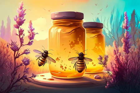Honey in a glass jar with a bee.の素材
