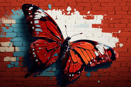 Colorful butterfly on the background of a brick wall.の素材