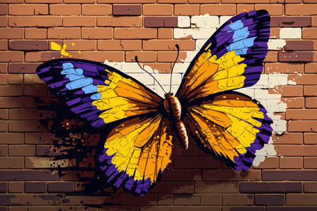 Butterfly graffiti on a brick wall background.の素材