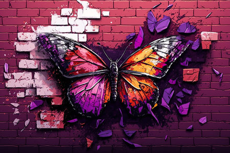 Colorful butterfly graffiti on a brick wall background.の素材