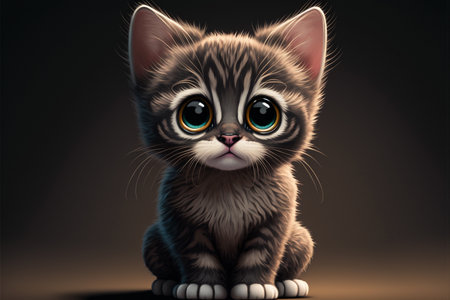 Cute kitten with big eyes sitting on dark background.の素材