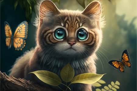 Cute cat with blue eyes and butterfly in the forest. Animal portrait.の素材