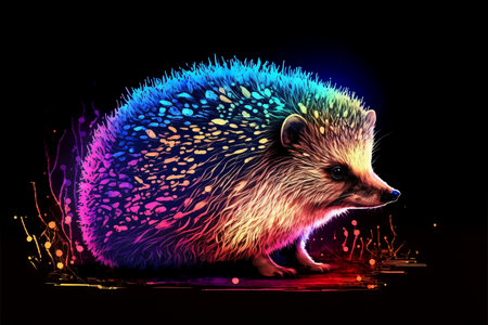 Hedgehog with colorful splashes on black background.の素材