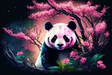 Panda with cherry blossom background.の素材