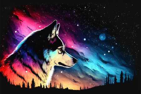 Siberian husky in the night starry sky.の素材