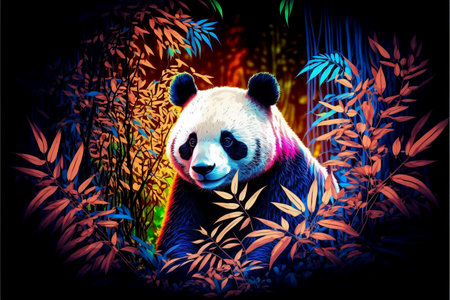 Giant panda in the bamboo forest at night.の素材