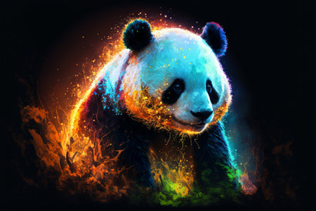 a giant panda on a black background with fireの素材