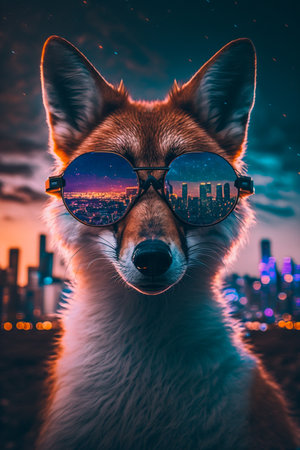 Portrait of a fox with sunglasses on the background of the night cityの素材