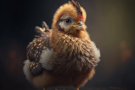 Portrait of a chicken on a dark background with copy space.の素材