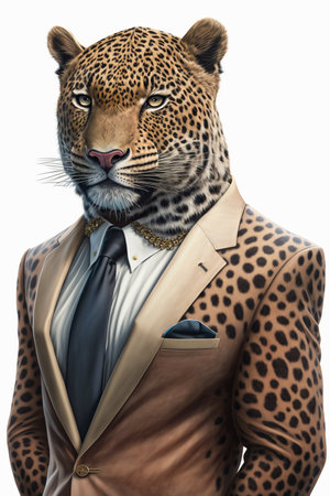 Leopard in a suit and bow tie on a white background.の素材