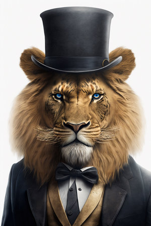 Portrait of a lion wearing a top hat and bow tie.の素材