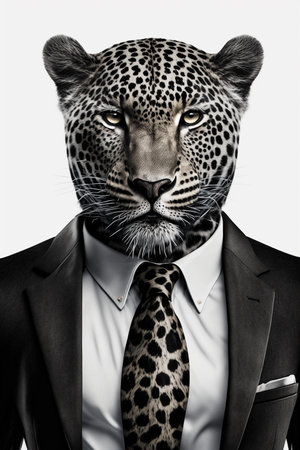 Leopard in a suit and tie on a white background.の素材