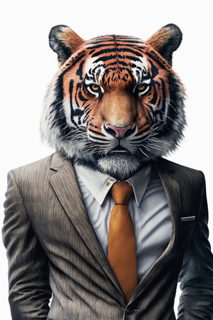 Portrait of a tiger in a suit and tie on a white backgroundの素材