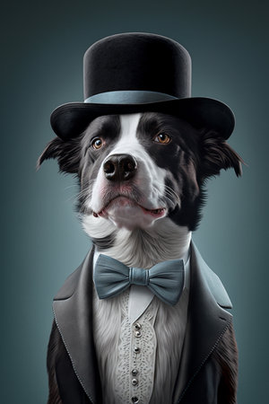 Funny portrait of border collie dog wearing top hat and bow tie. Isolated on gray background.の素材