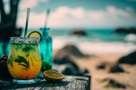 Refreshing summer cocktail with lemon and mint on the background of the sea.の素材