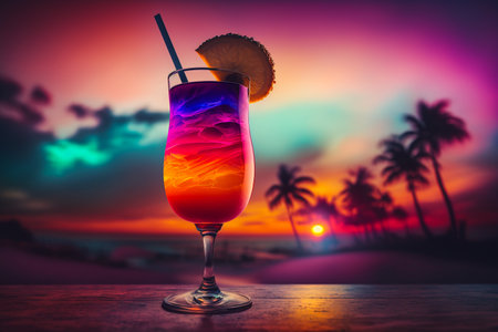 Cocktail on the beach with palm trees and sunset background.の素材