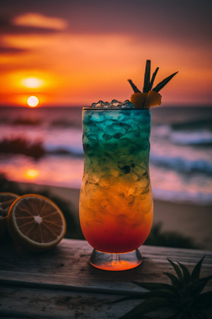 Cocktail on the beach at sunset. selective focus.の素材