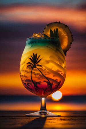 Cocktail with orange and pineapple on the beach at sunset.の素材
