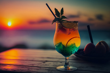 Cocktail on the beach at sunset. colorful summer cocktailの素材
