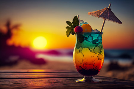 Cocktail on the beach at sunset. selective focus.の素材