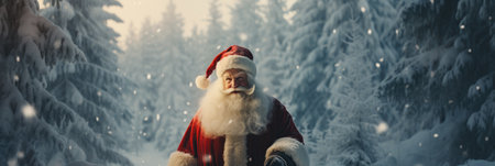 Santa Claus sitting on a chair in the snowy forest. Christmas background.の素材
