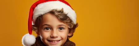 cheerful child in santa hat looking at camera isolated on yellowの素材
