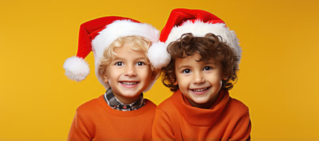 Cheerful children in Santa hats looking at camera over yellow backgroundの素材