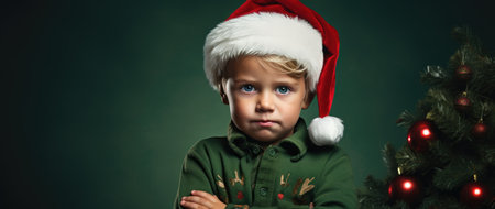 Cute little boy in Santa hat with Christmas tree on dark backgroundの素材