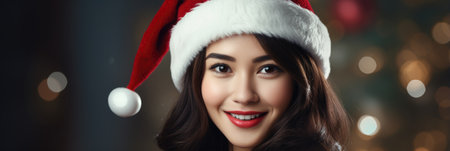Beautiful young woman in Santa Claus hat on christmas background.の素材
