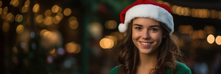 Portrait of young woman in santa hat at christmas timeの素材