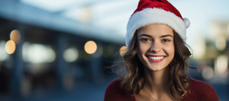 Portrait of smiling woman in santa hat against blurry cityscapeの素材