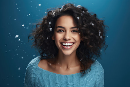 Beautiful young woman with curly hair and snowflakes on blue backgroundの素材