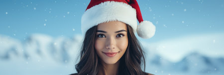Beautiful young woman in santa hat on winter snowy background. Banner.の素材