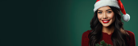 Portrait of beautiful young woman in santa hat on green backgroundの素材