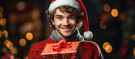 Handsome young man in Santa hat with gift box on blurred backgroundの素材