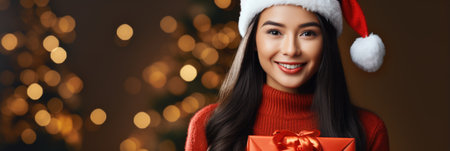 beautiful asian woman in red sweater and santa hat holding gift box on blurred christmas lights backgroundの素材