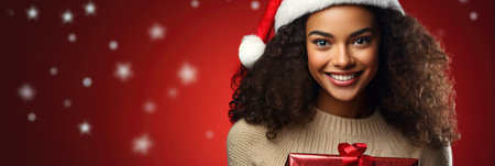 christmas, x-mas, winter, happiness concept - smiling african american woman in santa helper hat with gift box over red backgroundの素材