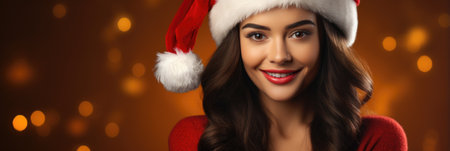 Beautiful young woman in Santa Claus hat on christmas background.の素材