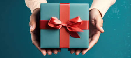 Female hands holding a gift box with a red bow on a blue backgroundの素材