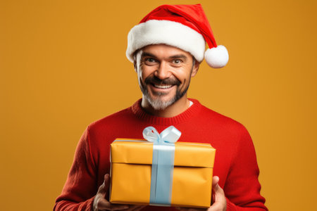 happy indian man in santa hat holding christmas gift boxの素材