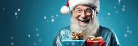 Portrait of happy Santa Claus with gift box over blue background.の素材